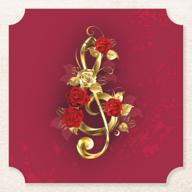 Posavasos De Papel Golden Treble Clef con flores Rosas (Anverso)