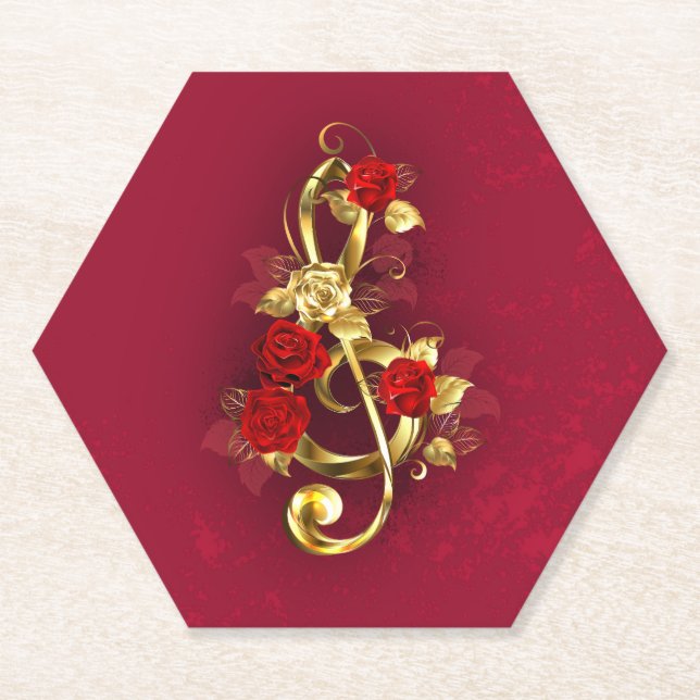 Posavasos De Papel Golden Treble Clef con flores Rosas (Anverso)