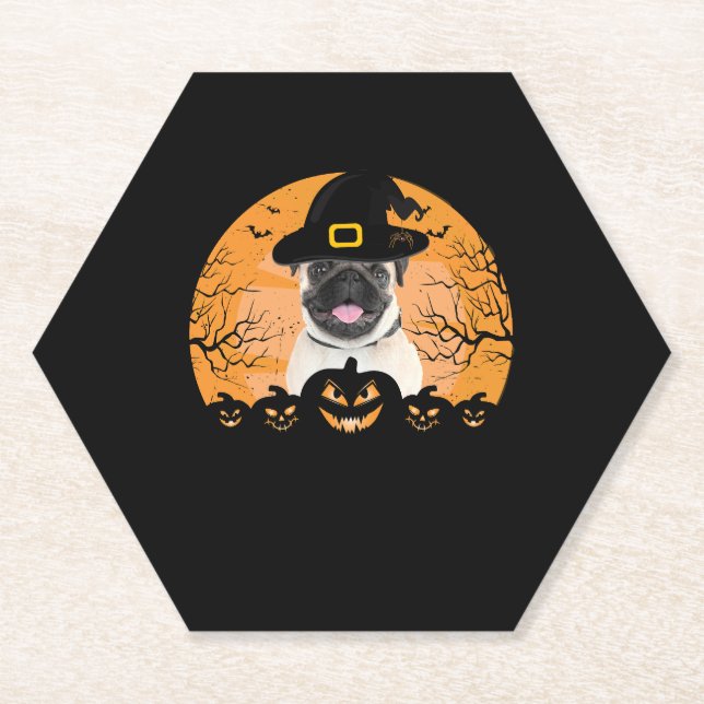 Posavasos De Papel Gorra de brujas Pug Jack-o-Lantern perros Hallowee (Anverso)