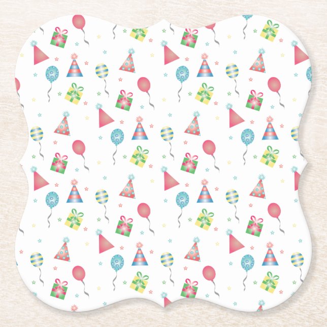 Posavasos De Papel Gorros de Fiesta de Globos Regalos Cumpleaños Colo (Anverso)