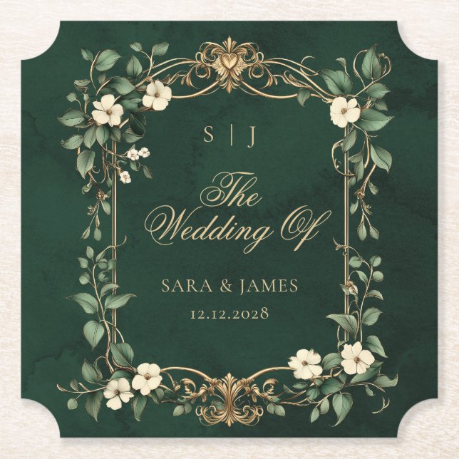 Posavasos De Papel Green Gold Art Nouveau Enchanted Wedding (Anverso)