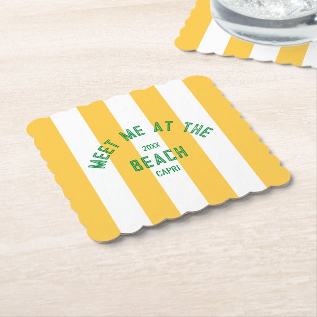 Posavasos De Papel Green Meet Me At Beach Yellow Cabana Stripe (En perspectiva)