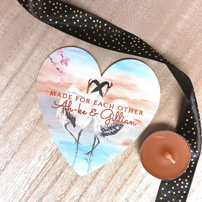 Posavasos De Papel Grullas de Tancho Asiático de Beige Blanco Turques (Personalized wedding coaster, couple's names, love birds, tancho cranes, Japanese wedding theme)