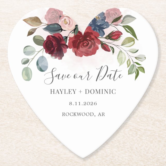 Posavasos De Papel Guardar nuestro Personalizado de Floral de Borgoña (Anverso)