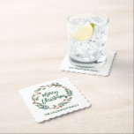 Posavasos De Papel Guión de pincel acuarela Wreath Merry Christmas<br><div class="desc">Wreath Merry Christmas Coaster con un estilo de invierno de color fresco fresco y verde fresco,  con vegetación botánica y bayas huecas - Guión verde forestal</div>