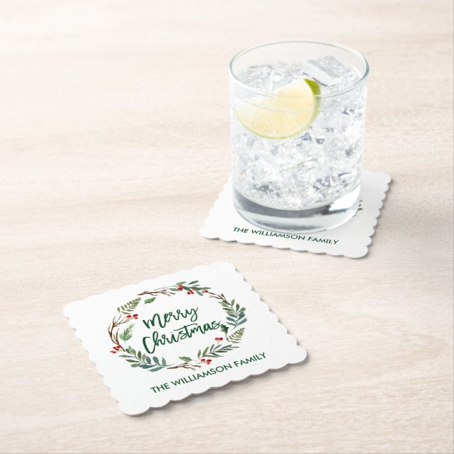 Posavasos De Papel Guión de pincel acuarela Wreath Merry Christmas (In situ)