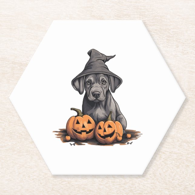 Posavasos De Papel Halloween Gorra de Brujas Calabaza Perro Gran Dane (Anverso)