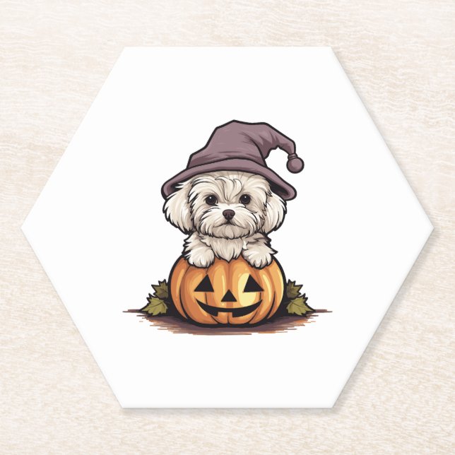 Posavasos De Papel Halloween Gorra de brujas Calabaza Perro Maltés (Anverso)