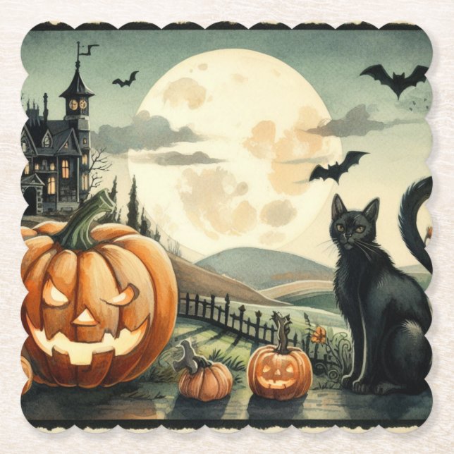 Posavasos De Papel Halloween/otoño/otoño/otoño/calabaza/gato (Anverso)