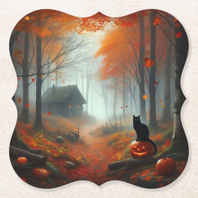 Posavasos De Papel Halloween/otoño/otoño/otoño/calabaza/gato (Anverso)