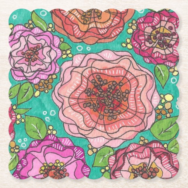 Posavasos De Papel "Hand-drawn Floral Delight Coaster Set" (Anverso)