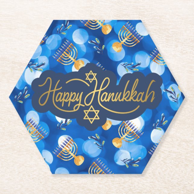 Posavasos De Papel Happy Hanukkah Blue And White (Anverso)