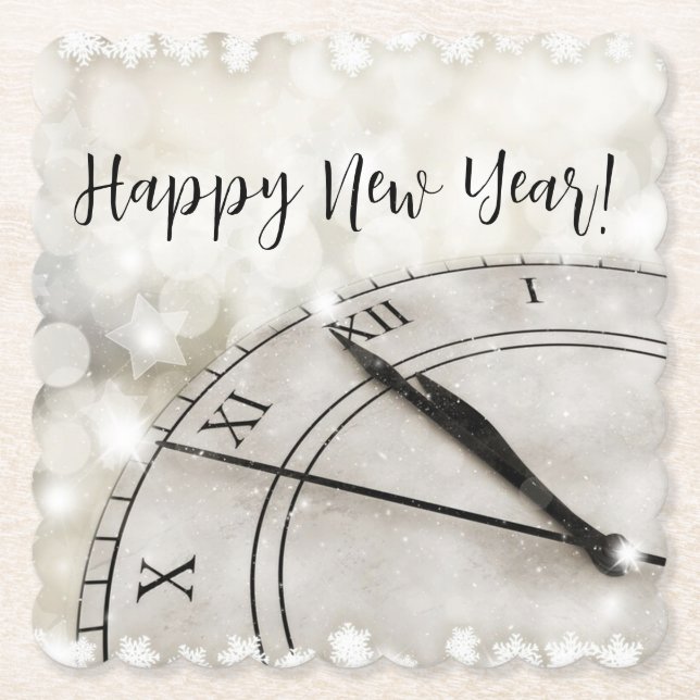 Posavasos De Papel Happy New Year Clock at Midnight (Anverso)