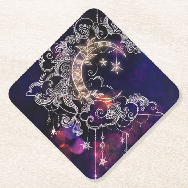 Posavasos De Papel Hermosas Estrellas Boho Moon Azul Púrpura (Anverso)