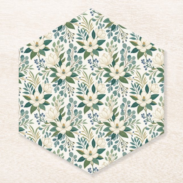 Posavasos De Papel Hermosas flores blancas modernas y bayas (Anverso)