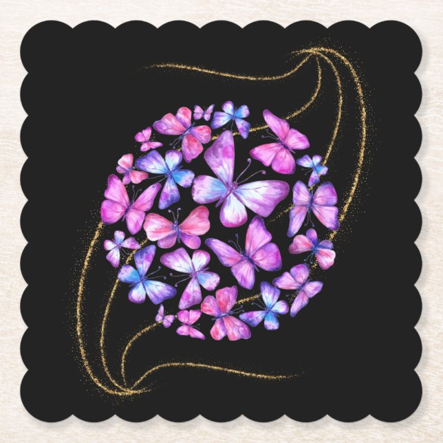 Posavasos De Papel Hermosas mariposas acuarelas con honda dorada (Anverso)