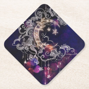 Posavasos De Papel Hermoso Boho Luna Estrellas Azul Púrpura