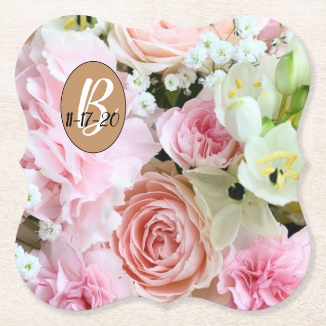 Posavasos De Papel Hermoso diseño de Boda floral monograma (Anverso)