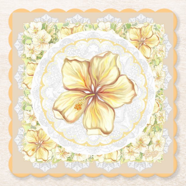 Posavasos De Papel Hibiscus & lace YELLOW (Anverso)