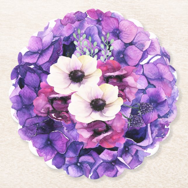 Posavasos De Papel Hidrenaje en morado con flores blancas (Anverso)