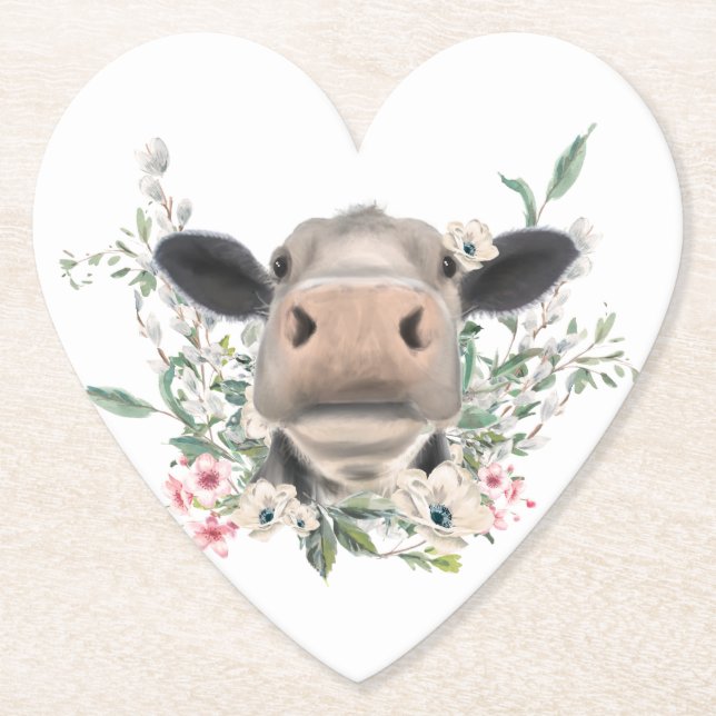 Posavasos De Papel hocico de nariz de vaca besar flores acuarela gris (Anverso)