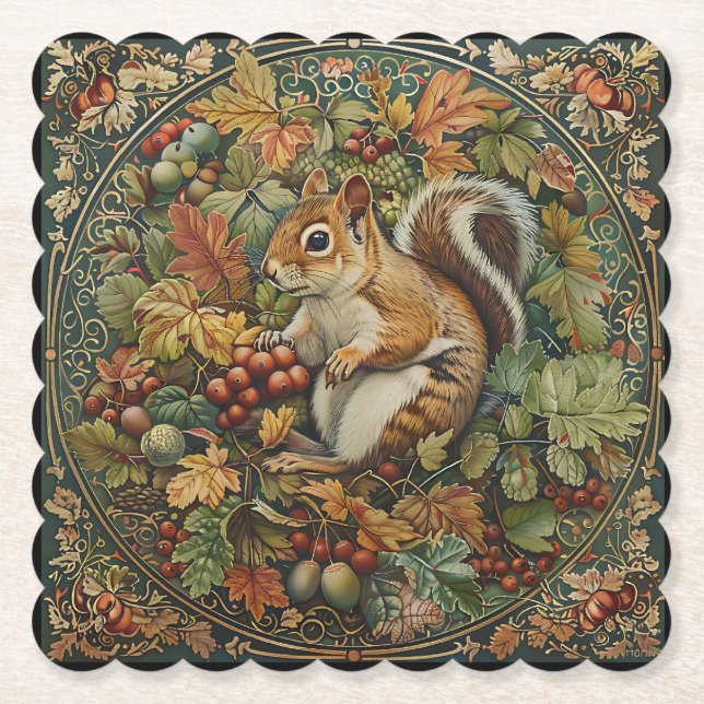 Posavasos De Papel Hojas de ardilla de otoño de William Morris con ba (Anverso)