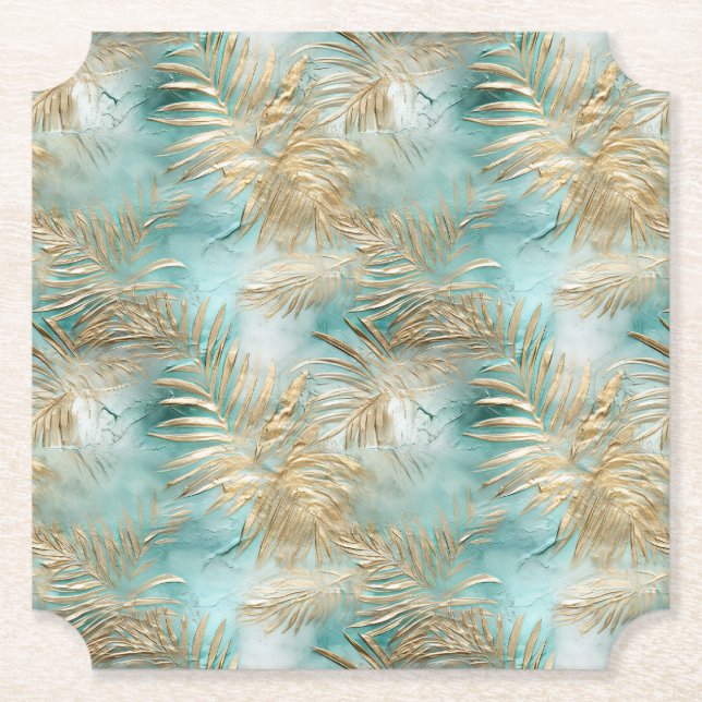 Posavasos De Papel Hojas tropicales blancas de oro Aqua (Anverso)