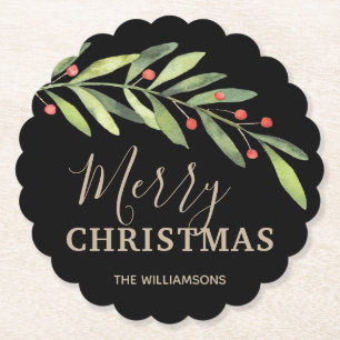 Posavasos De Papel Holly y Berries en Black Merry Christmas Scallop