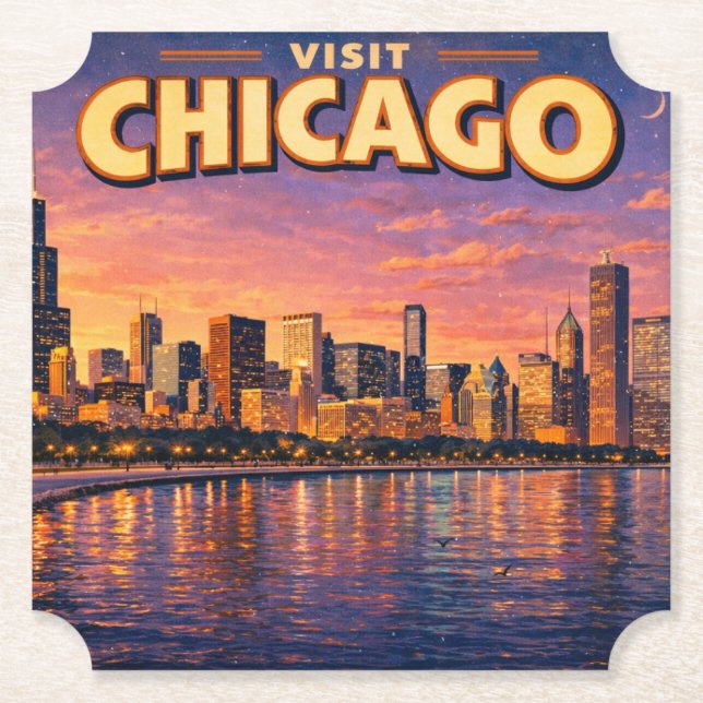 Posavasos De Papel horizonte de Chicago y lago Michigan al atardecer (Anverso)