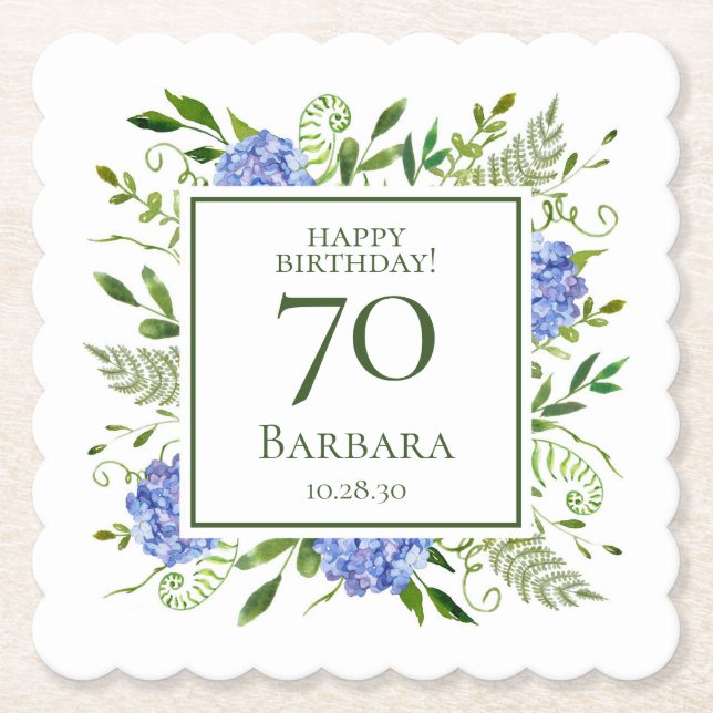 Posavasos De Papel Hortensias Azules Cumpleaños 70 (Anverso)