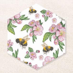 Posavasos De Papel Huerto de manzanas florido con abejas acuarela dra