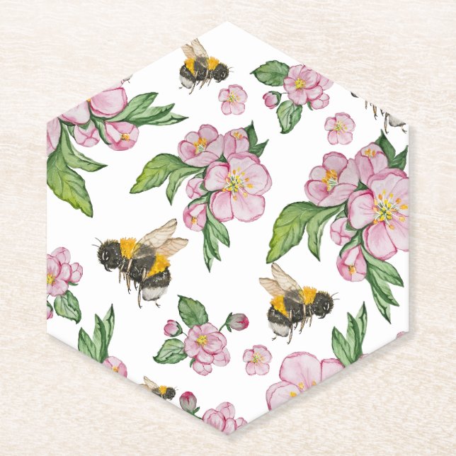 Posavasos De Papel Huerto de manzanas florido con abejas acuarela dra (Anverso)