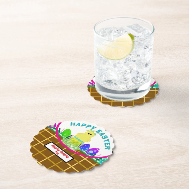 Posavasos De Papel Huevo amarillo de pollo azul de la cesta de Pascua (In situ)