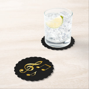 Posavasos De Papel Iconos de música, dorado sobre negro,