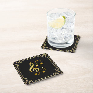 Posavasos De Papel Iconos de música, dorado sobre negro,
