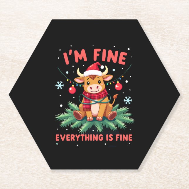 Posavasos De Papel I'm Fine Everything is Fine Christmas Highland Cow (Anverso)