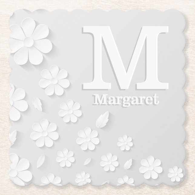 Posavasos De Papel Iniciales de nombre grabado en relieve floral blan (Anverso)