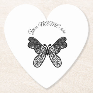 Posavasos De Papel Intrincado Mandala Bohemio Mariposa Negro y Blanco