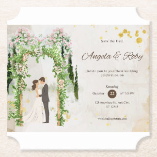 Posavasos De Papel Invitación de Boda – Diseño de Acuarela con Arco F