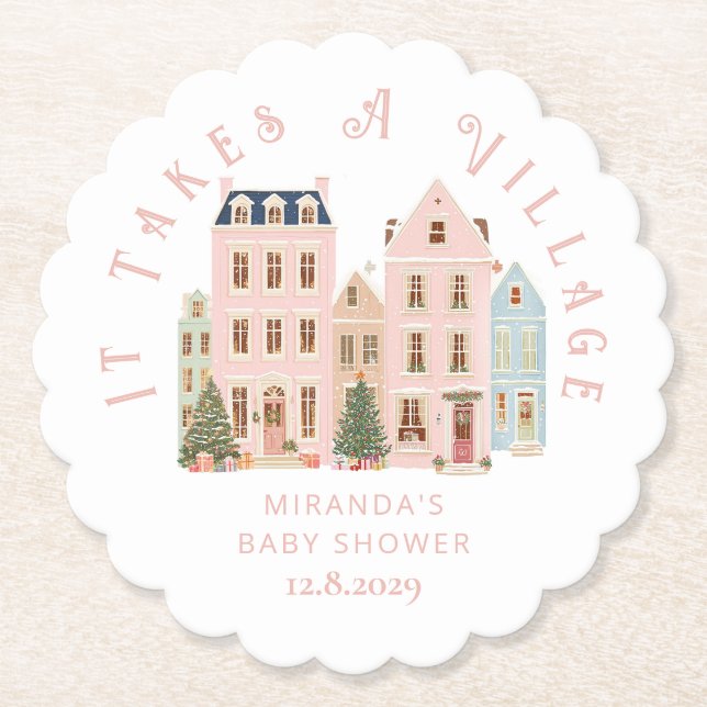 Posavasos De Papel It takes a Village Winter Pink Snow Baby Shower (Anverso)