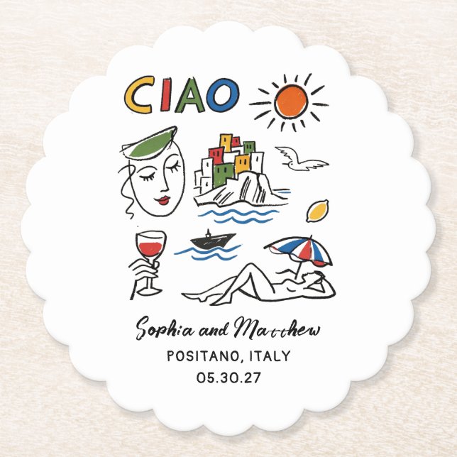 Posavasos De Papel Italian Wedding Hand Drawn Amalfi Coast Modern  (Anverso)