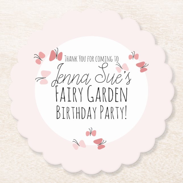 Posavasos De Papel Jardín de Mariposas Cumpleaños Rosa      (Anverso)