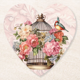 Posavasos De Papel Jaula de pájaros floral vintage romántico acuarela