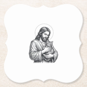 Posavasos De Papel Jesús Antiguo Sosteniendo Grabado de Gato Gráfico_