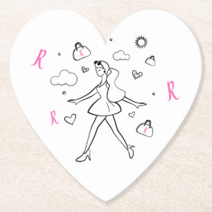 Posavasos De Papel Joven Chica de moda - Arte esbozado en blanco y ne