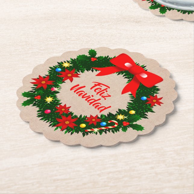 Posavasos De Papel Juego de Feliz Navidad Feliz Navidad Wreath Bow (En perspectiva)