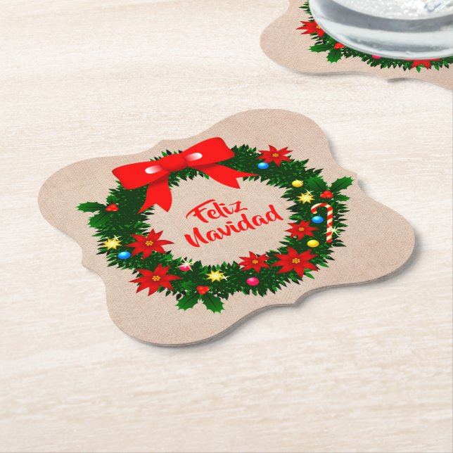 Posavasos De Papel Juego de Feliz Navidad Feliz Navidad Wreath Bow (En perspectiva)