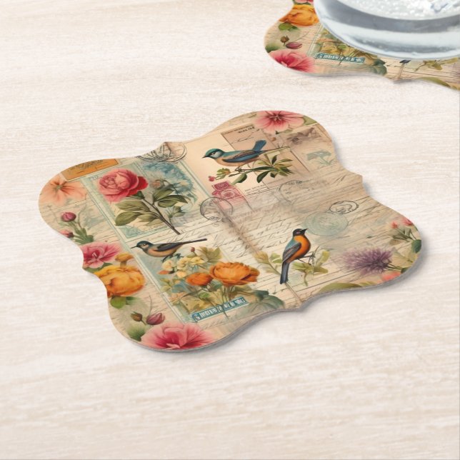 Posavasos De Papel Junk Journal Seite mit Blumen + Vögel -  (En perspectiva)