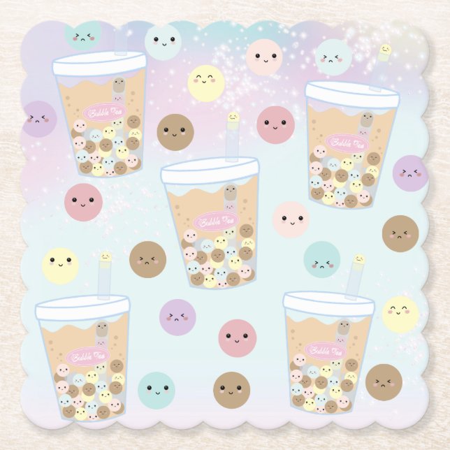 Posavasos De Papel Kawaii Cute Bubble Pearl Tea Tapioca Boba (Anverso)