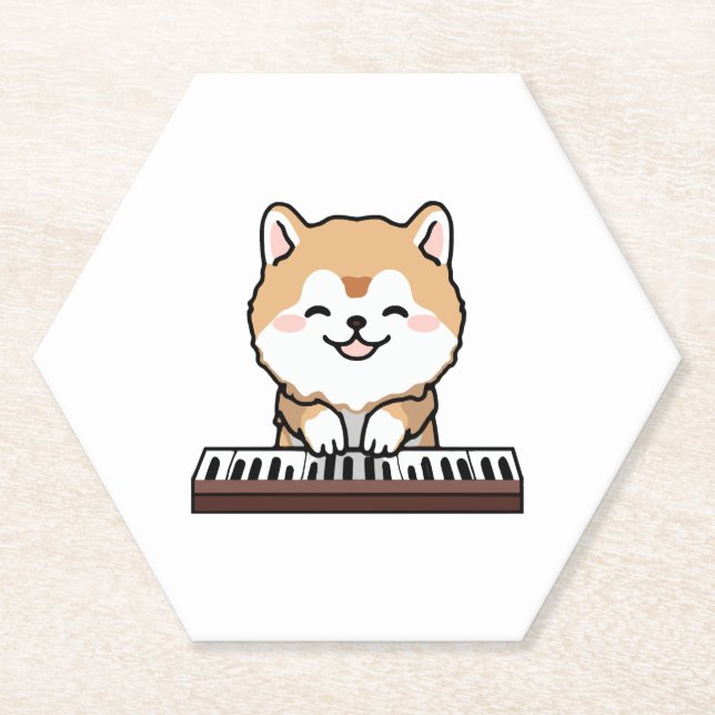 Posavasos De Papel Kawaii Cute Dog Jugando El Teclado Piano (Anverso)